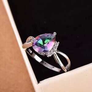 Rainbow CZ Teardrop Cut Ring with Accents on Sterling Silver Setting